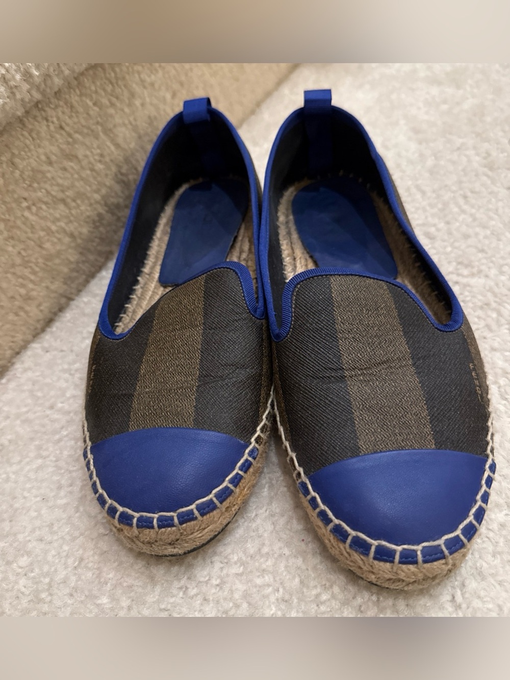 Fendi Brown Peqiun Striped Canvas Blue Leather Cap Toe Espadrilles Flats Shoes 8